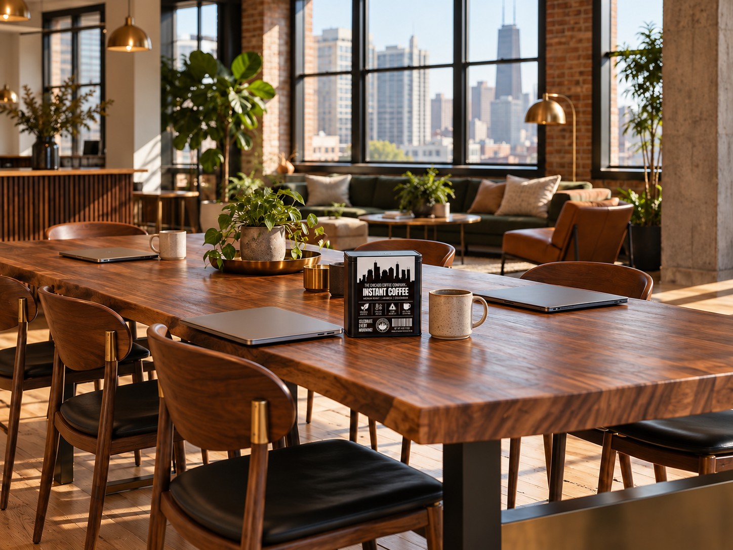 Chicago Coffee Company instant coffee on a shared table in a welcoming coworking lounge