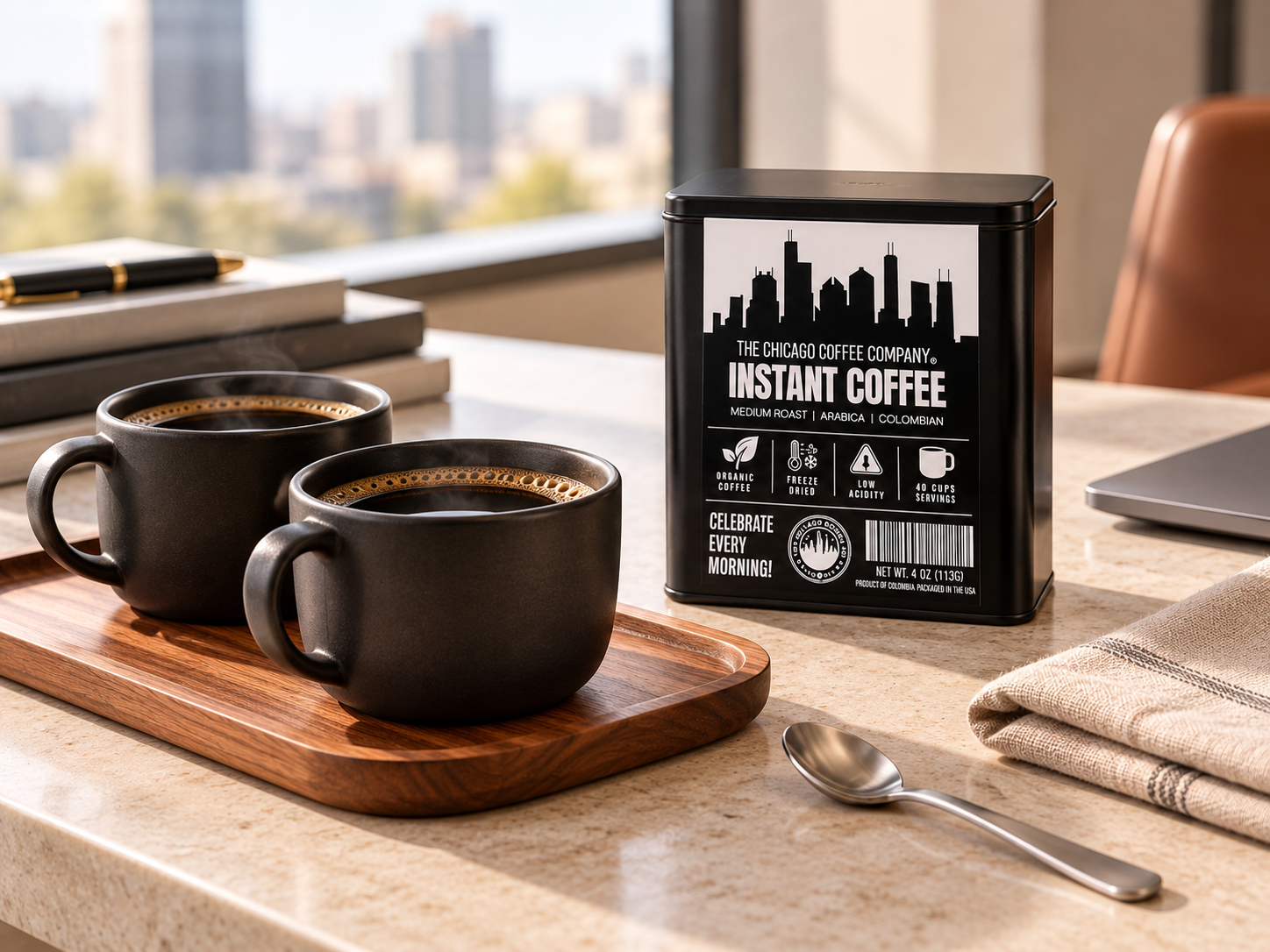 Chicago Coffee Company tin with two black coffee mugs on a wooden tray beside an office window